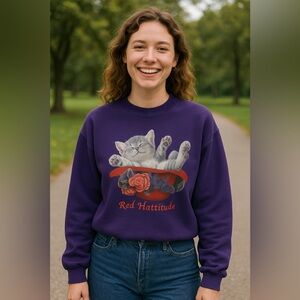 PFI Fashions | Vintage Purple “Red Hattitude” Cat Graphic Sweatshirt